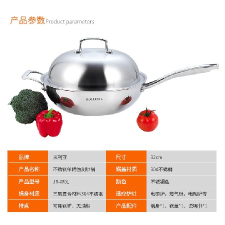 [送禮佳品]SUS304不鏽鋼炒鍋 32cm三層鋼無煙炒菜鍋不粘鍋JR-WL1